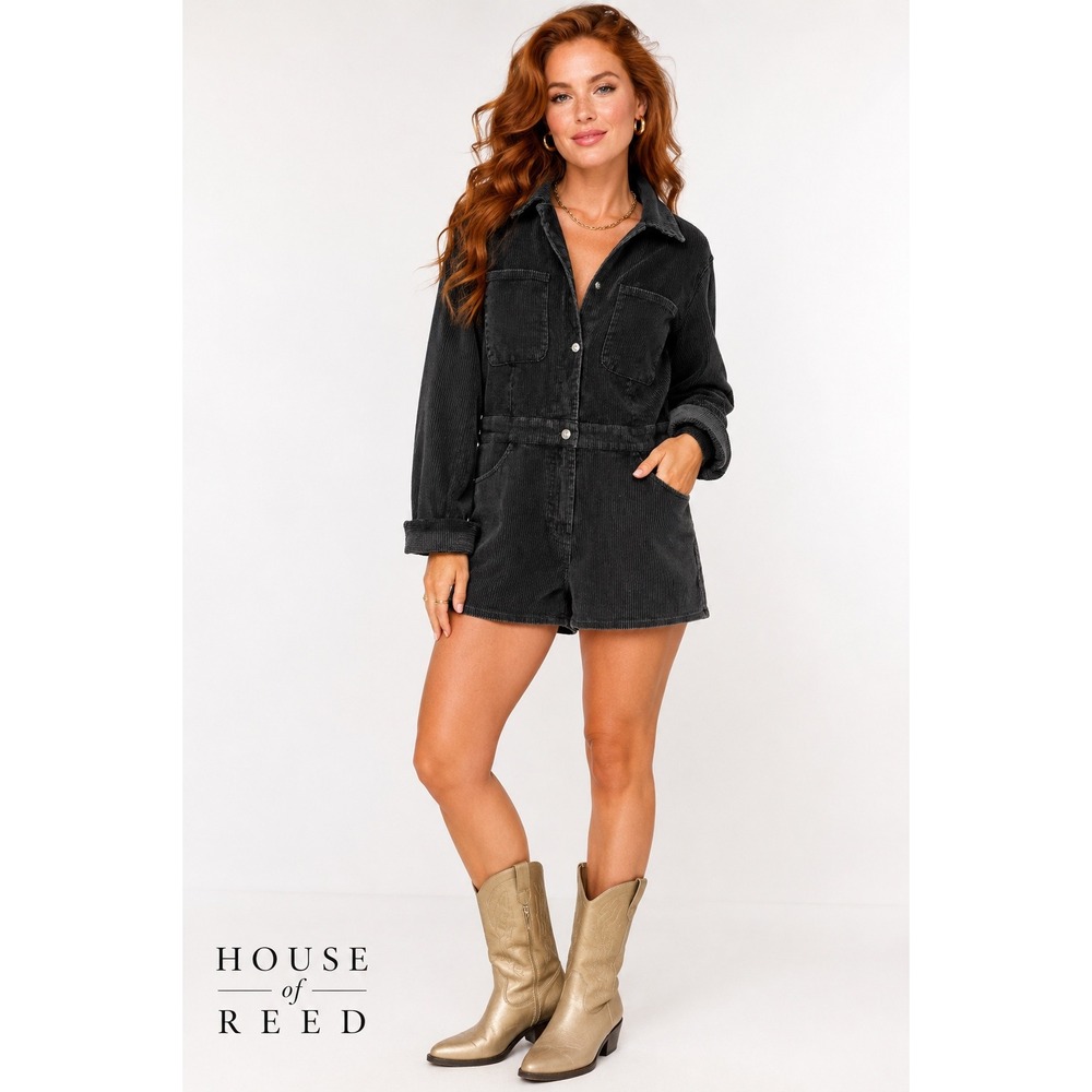 Entro Women Black Corduroy Long Sleeve Romper Utility Snap Front Large NWT